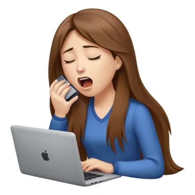 brown hair woman with long straighrt hair holding laptop and yawning from tiredness. looking tired sticker