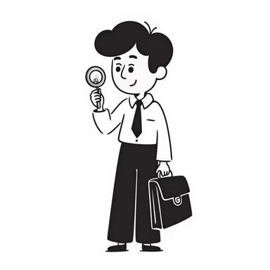 schoolboy holding a briefcase, examining something with a magnifying glass, black doodle style sticker