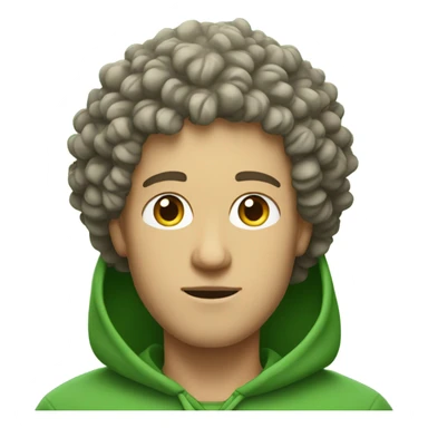 White guy with curly hair in green hoodie with leafs on his head sticker