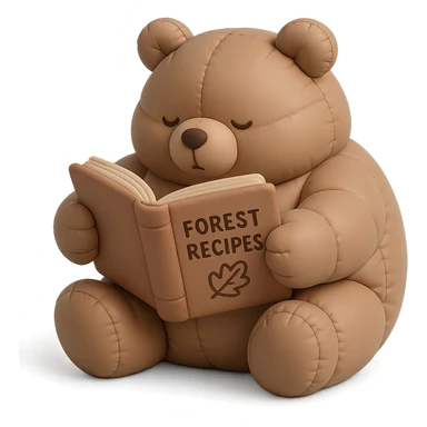 chubby bear reading a forest recipe book, muted warm tones, cushion style sticker
