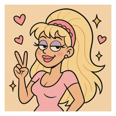 valley girl making a peace sign, teased blonde hair, pastel makeup, cute headband, surrounded by hearts and sparkles sticker