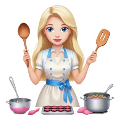 Cinematic realistic beautiful blonde with long hair, blue eyes and pink lips in a white dress cooks sticker
