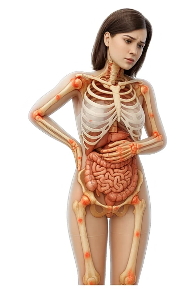 donna realistica a figura intera con red spot sparsi alle ossa, ossa del corpo visibili sul corpo, non sul volto iperrealistico 4k sticker