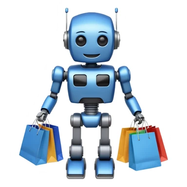 black friday robot with blue and metalic colours with bags in his hands smiling sticker