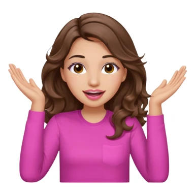 girl with long wavy brown hair, brown eyes, light to medium complexion, in a pink shirt, pink lips, long lashes, puckered lips, both hands in teh air sticker