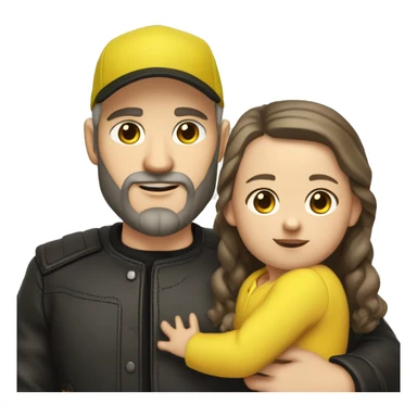 White-skinned slavic man with stubble, gray beard, brown hair, black eyes, black Reebok cap, leather jacket, holding infant girl in yellow dress with yellow bow. sticker