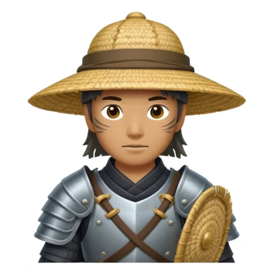 Samurai with straw hat, Warrior in armor holding wide hat sticker