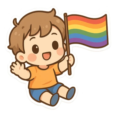 gay pride rainbow flag waving, bright and cheerful, chibi style sticker