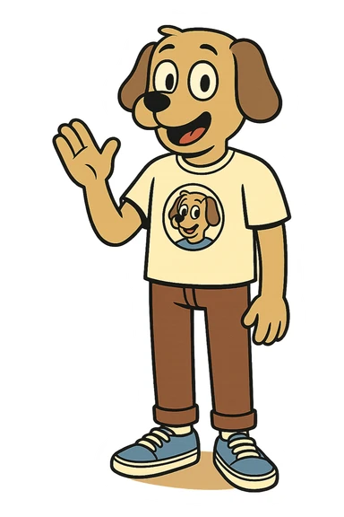 A boy dog mascot logo t-shirts brown trousers blue vans shoe  sticker