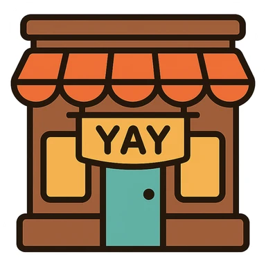 cozy brown café storefront with a soft “YAY” banner, warm hand-drawn tones sticker