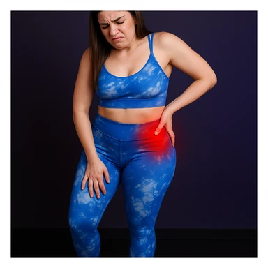 A slender woman in 4K, standing with an asymmetrical posture, right hand pressing on the right hip, acute pain expression, localized redness on the hip, inspired by the reference photo. sticker