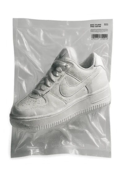 vacuum-sealed sneaker, compressed and shiny sticker