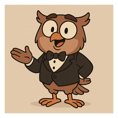 a friendly owl in a tuxedo, eager to help, cartoon style sticker