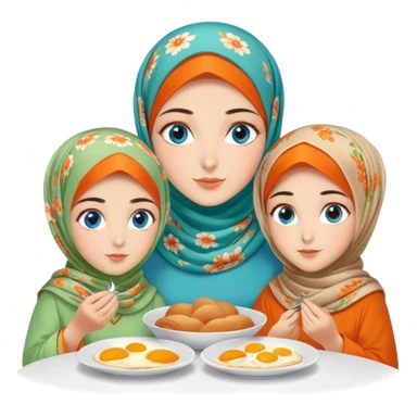 Four sister Turkish girls beautiful finish Konya blue eyes with orange floral hijab and light green dress and make Breakfast sticker
