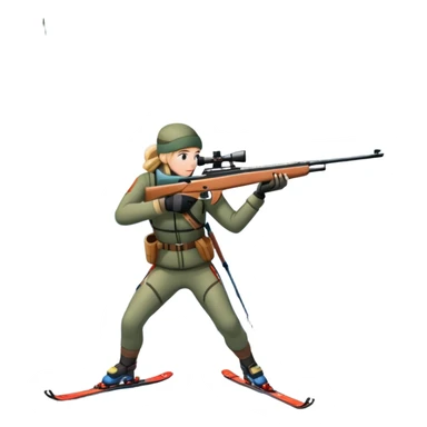 An icon showing a snowy landscape with pine trees, mountains, and a clear sky with a biathlete aiming a rifle in the foreground, wearing winter gear and skis. Transparent background emphasizes the precision, endurance, and beauty of this winter sport. sticker