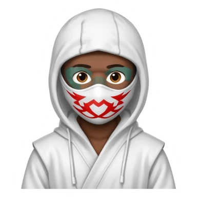 All white ninja robe with no black with white ski mask to cover face and neck with a hoodie on and dark brown skin color sticker