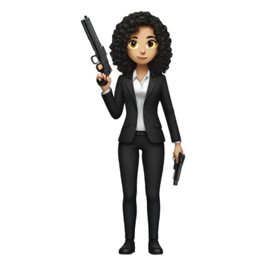 Brunette Girl with long curly hair in black suit with gun sticker