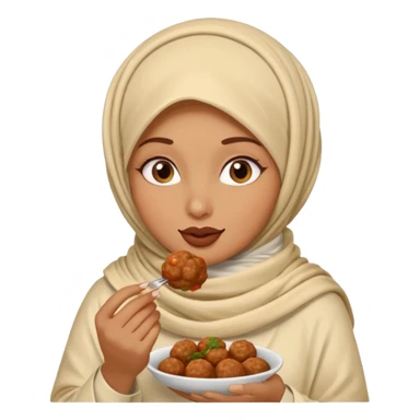 woman wearing a cream colored pashmina hijab eating meatballs sticker
