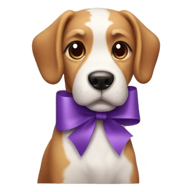 a dog with a ribbon on it and with purple cake sticker