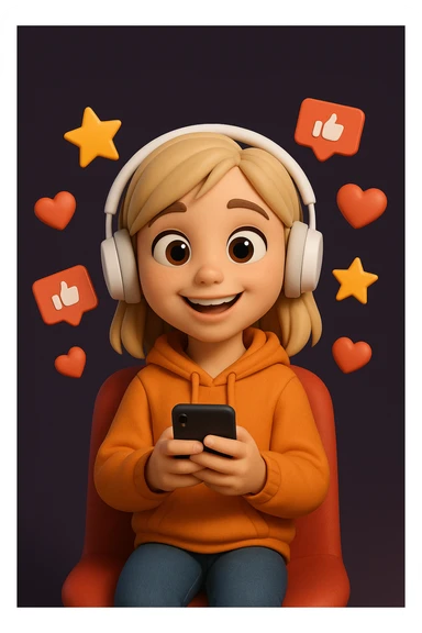 Create a detailed Generation Z girl character in a cartoonish 3D style with a happy expression, wearing an orange hoodie, sitting on a red chair, holding a smartphone in her hands and surrounded by floating icons of stars, likes and hearts.
The character should have stylised light hair, large expressive eyes, white on-ear headphones and a soft, expressive Pixar-style look.
Depict the character in full, centred in the frame, with even studio lighting, soft shadows
and a clean dark purple background for contrast. sticker