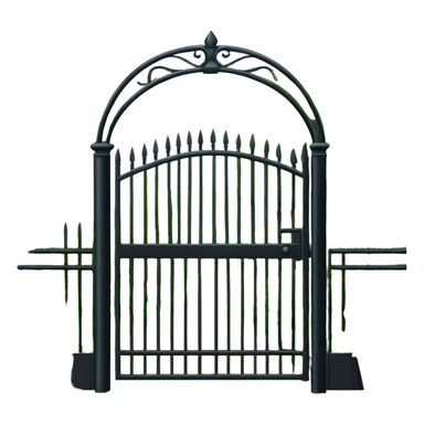 garden entrance with black iron fence, green trees and flowering plants sticker