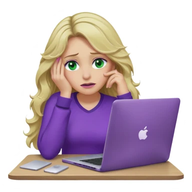 lady with long wavy blonde hair, purple top, green eyes, elbow on desk with hand on face, with a purple mac laptop tears rolling down her face as poorly sticker
