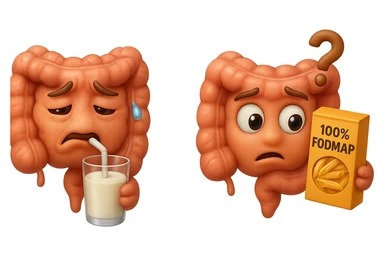 emoji stile iphone di un intestino che beve latte e ha un espressione di dolore e un intestino che guarda un pacco di pasta con la scritta "100% FODMAP" SULL'ETICHETTA CON ESPRESSIONE CONFUSA, iperrealistico 4k, isolato su sfondo bianco sticker