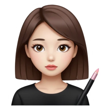 “korean straight brown hair Emoji girl, soft eyeliner and blush, gradient lips, light brown shimmer eyeshadow sticker