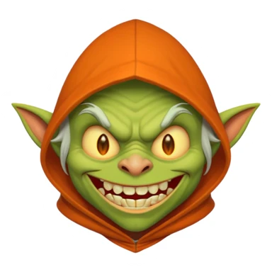 Hobgoblin-style goblin face emoji, orange hood, evil grin, sharp teeth, expressive Apple-style emoji sticker