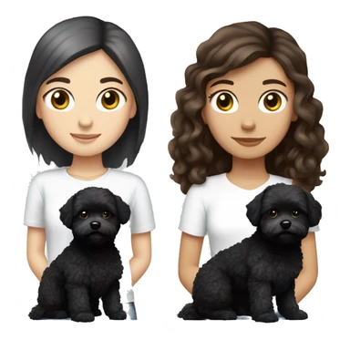 Caucasian Brunette girl long straight hair and hazel eyes, holding a black maltipoo with a white snout  to the side sticker