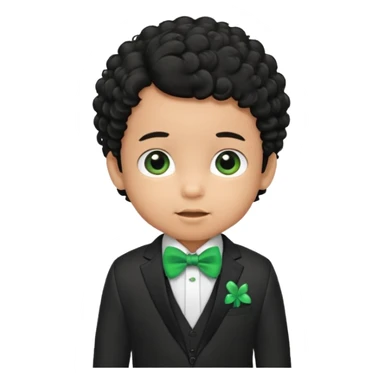 baby boy curly black hair in suit, with green bow sticker