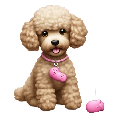 Poodle playing with a hello kitty toy on a string sticker