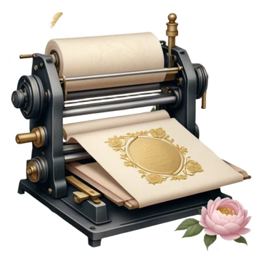 An old-fashioned letterpress printing studio, where stacks of aged parchment are printed with delicate golden floral motifs of soft pink roses and white peonies, as pearl butterflies rest gently on the warm paper.
 sticker