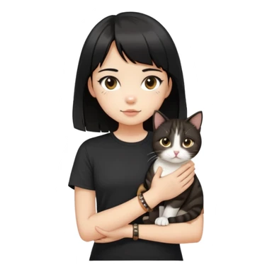 A girl with black hair and middle-parted bangs, wearing a black short-sleeved shirt, a brown bracelet on her right wrist, white skin, holding a tabby cat, the cat is standing upright sticker