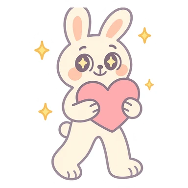 full-body milky white bunny with sparkling eyes, holding a big heart, sparkles floating around, dreamy pose, pastel-toon style sticker