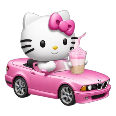 Hello Kitty drinking milk from a glass while driving a pink BMW sticker