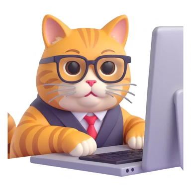 IT cat wearing glasses coding on a computer, playful style sticker