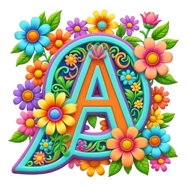 3D style, psychedelic colored Letter A with hippie style flower border sticker