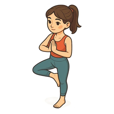 girl in cute yoga outfit performing tree pose (Vrikshasana), 2D isometric style, very detailed facial features, elongated body, many shadows and highlights, clean contours, soft lighting, transparent background sticker