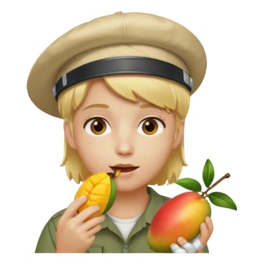 make a 67 mason eating mango name river but make him have blonde hair and a visor sticker