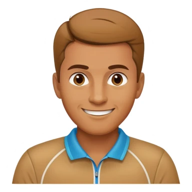 caramel brown Chindian male tennis coach, short straight hair with widow's peak, oval face, small eyes, smiling sticker