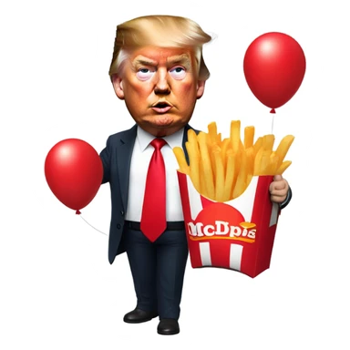 Trump holding McDonald’s French fries and holding a knife in the other hand with a red balloon sticker