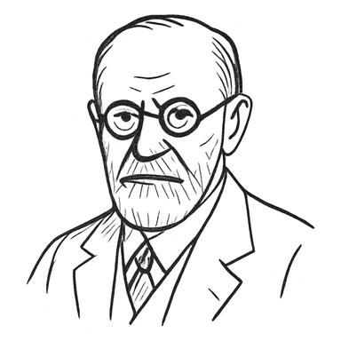 a hand drawn black outline portrait of Sigmund Freud with similar-sized eyes based a famous portrait of him sticker