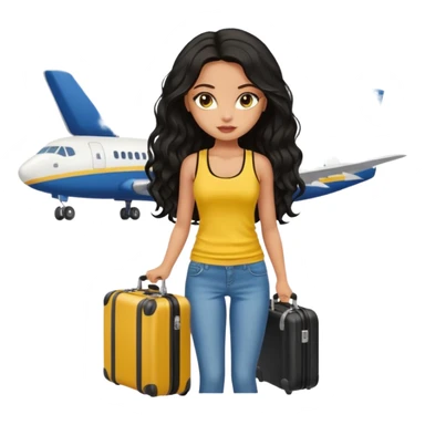 a pretty bratz dusky girl with long wavy black hair in a yellow tank top with a black suitcase at an airport sticker