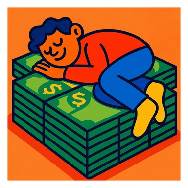 happy person napping on mattress of money sticker