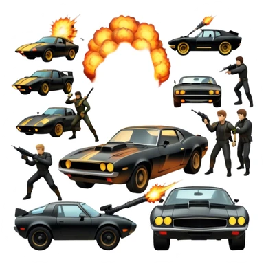 Photorealistic Icon for Action Movies: Dynamic collage of iconic action movie scenes featuring explosions, fast cars, combat, and weapons. Include silhouettes of famous action heroes, dramatic lighting, and a sense of high-octane energy. Transparent background. sticker