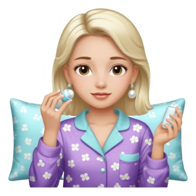 Clean girl aesthetic emoticons, apply skincare products, pearl earrings, glowing skin, pajamas, soft lighting sticker