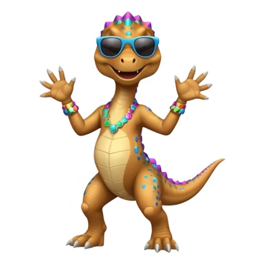 Un dinosaurio bailando con outfit disco y gafas oscurass. sticker