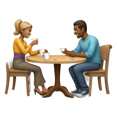 An emoji of a family—mother, father, and child—sitting at a table, playing a cup game with paper cups arranged on the table as they have fun together sticker