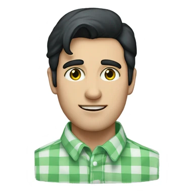 Man with black hair and a gingham white/blue buttoned collar shirt/green eyes sticker